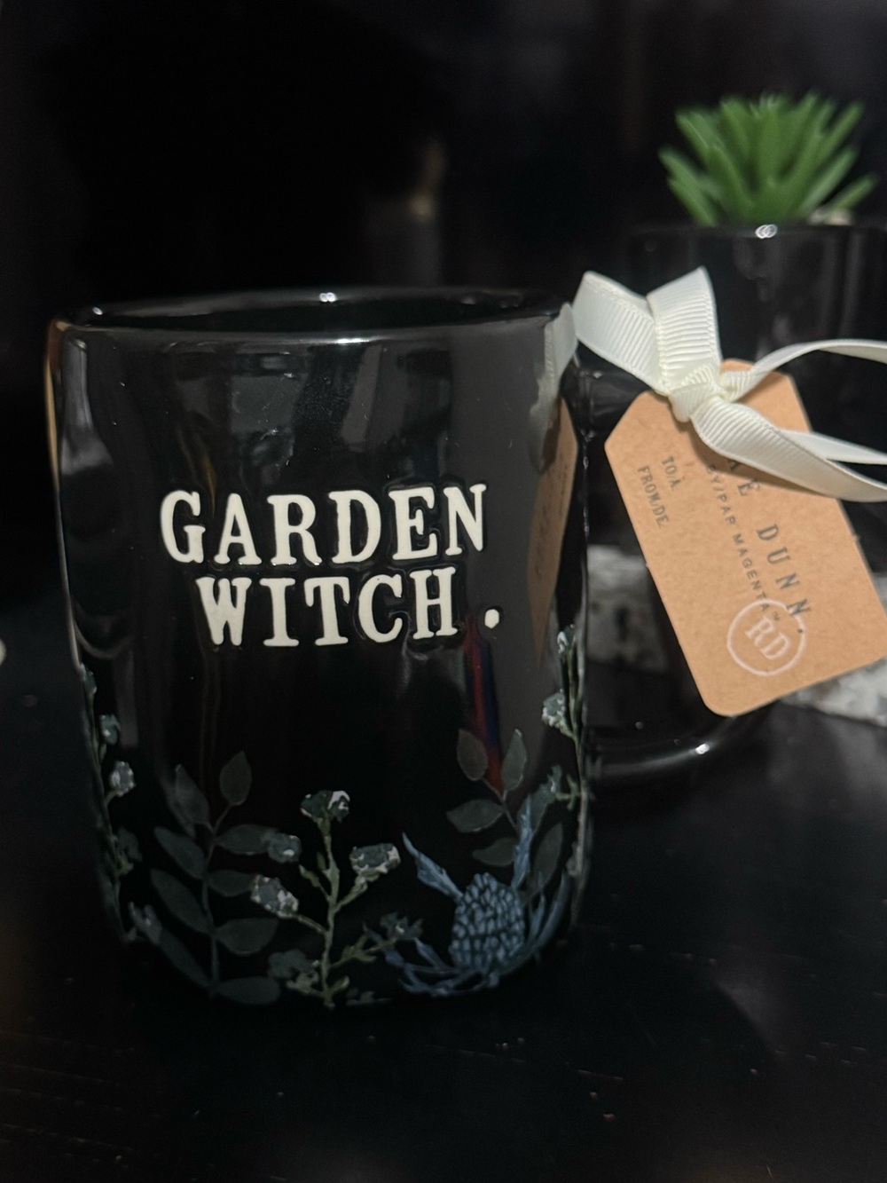 Rae Dunn "GARDEN WITCH." Black Ceramic Mug with Floral Accents